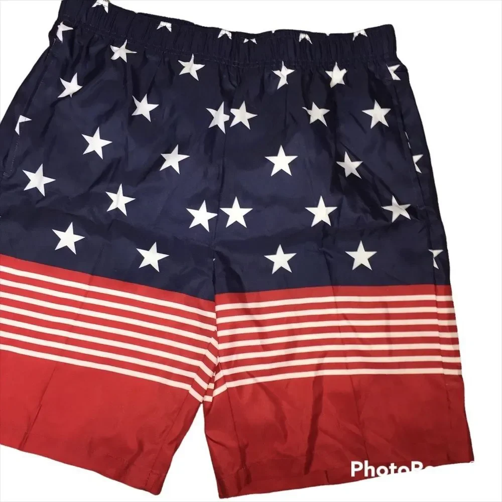NWOT Patriotic Swim Trunks XL Stars America 4th July Flag USA Red White Blue